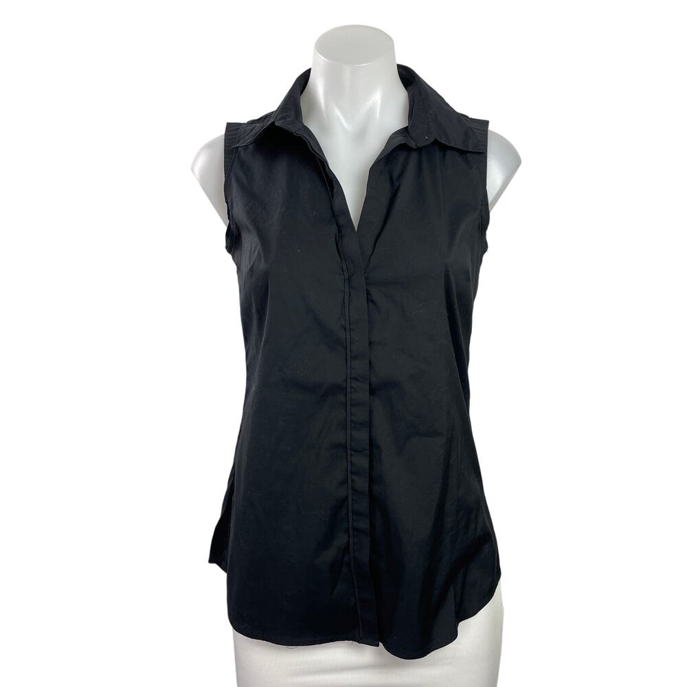 Ann Taylor Womens Black Sleeveless Collared Button Down Shirt Blouse Top Size 2